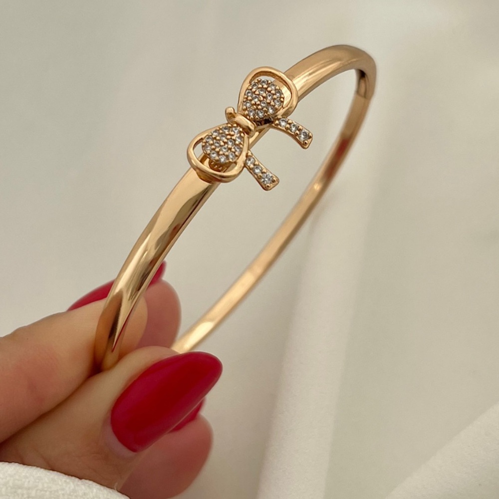 18k Gold Plated Bow Bangle Bracelet & CZ Stone Dainty Jewelry